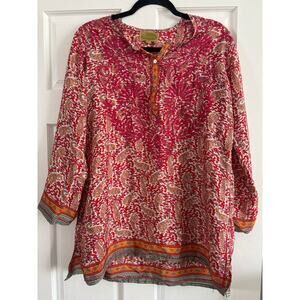 DOLMA Caftan Tunic Top India Silky Embroidered Blouse Dress Red Green L